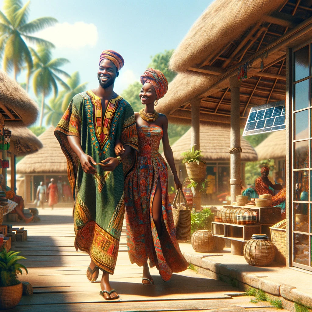 Youbg couple strolling theough the narket area in tropical west Africa